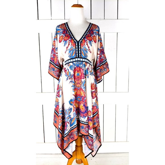 Y2K floral handkerchief hem midi wide sleeve kimono dress - Picture 2 of 6